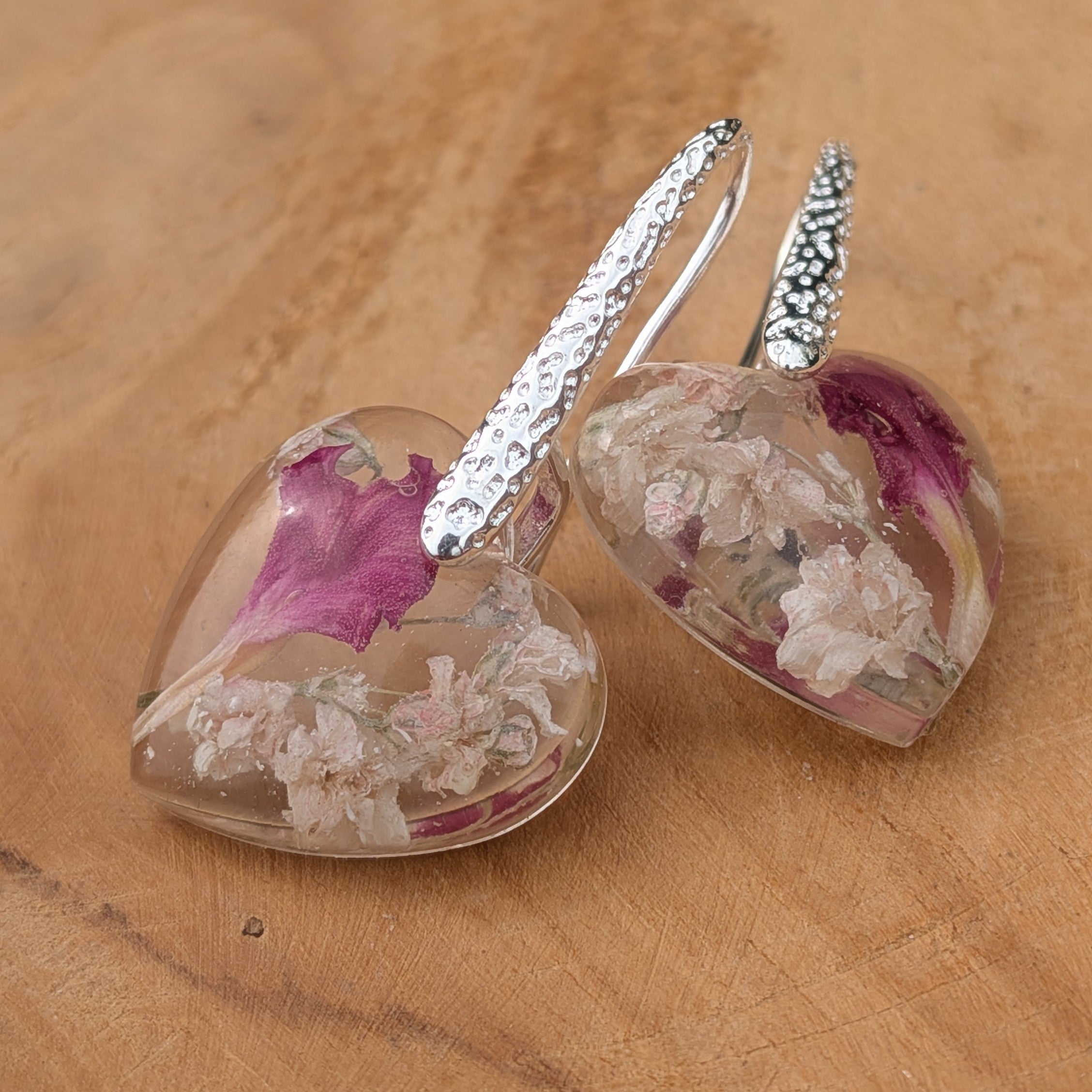 Real baby's breath and pink carnation heart resin drop earrings on sterling silver hooks by EL-Creations