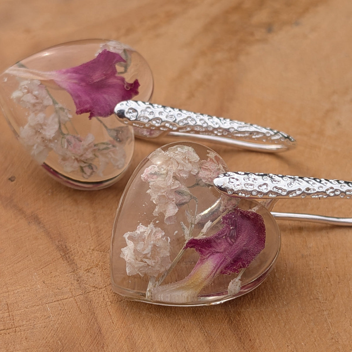 Dainty clear heart resin earrings with baby's breath and carnation petal by EL-Creations