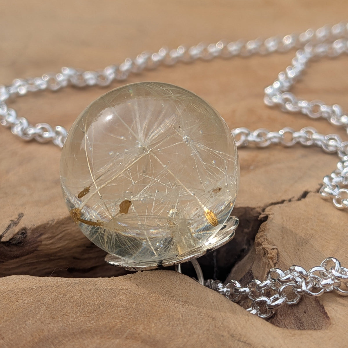 Nature inspired clear sphere dandelion pendant on silver rolo chain by EL-Creations