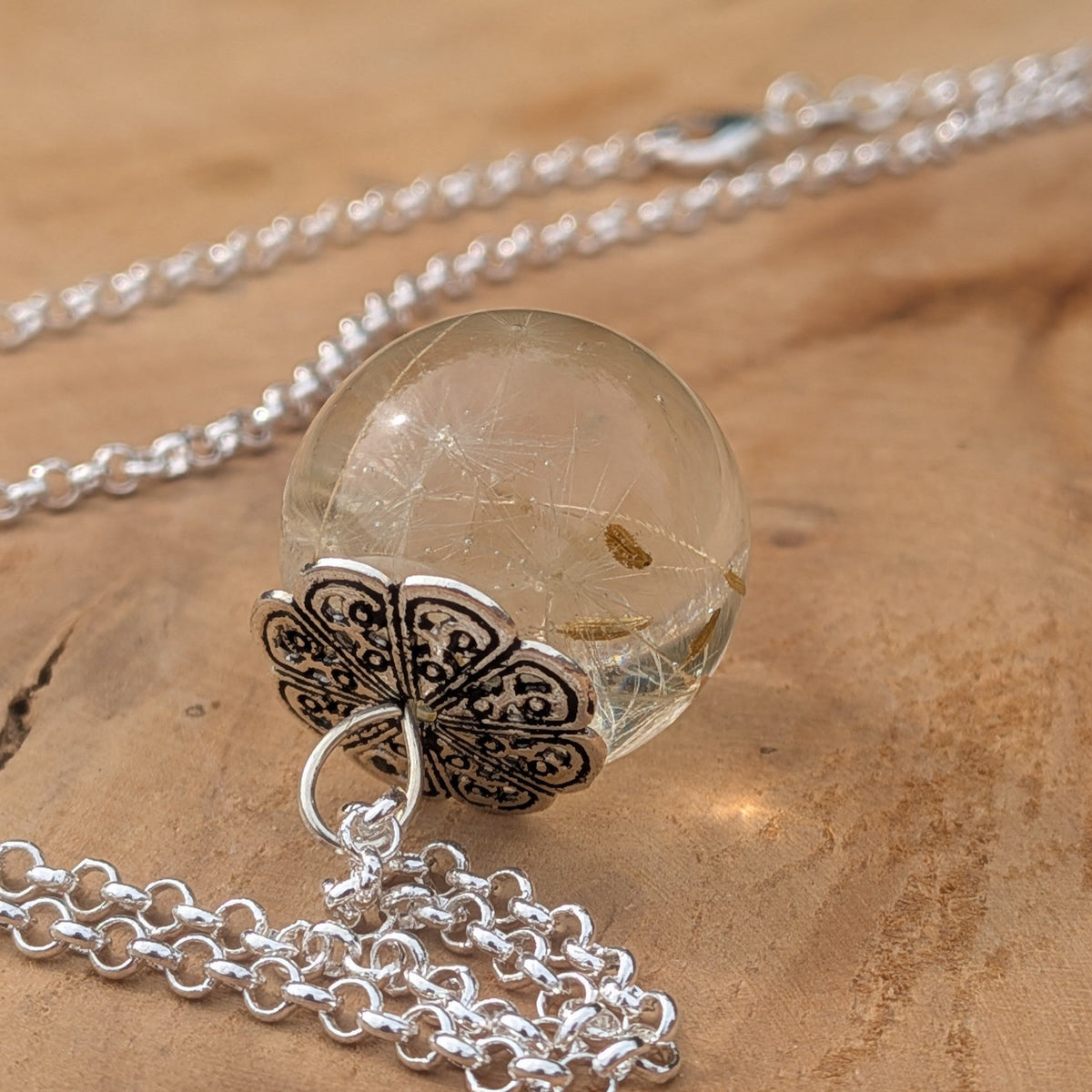 Decorative flower bail dandelion resin orb necklace gift for her by EL-Creations