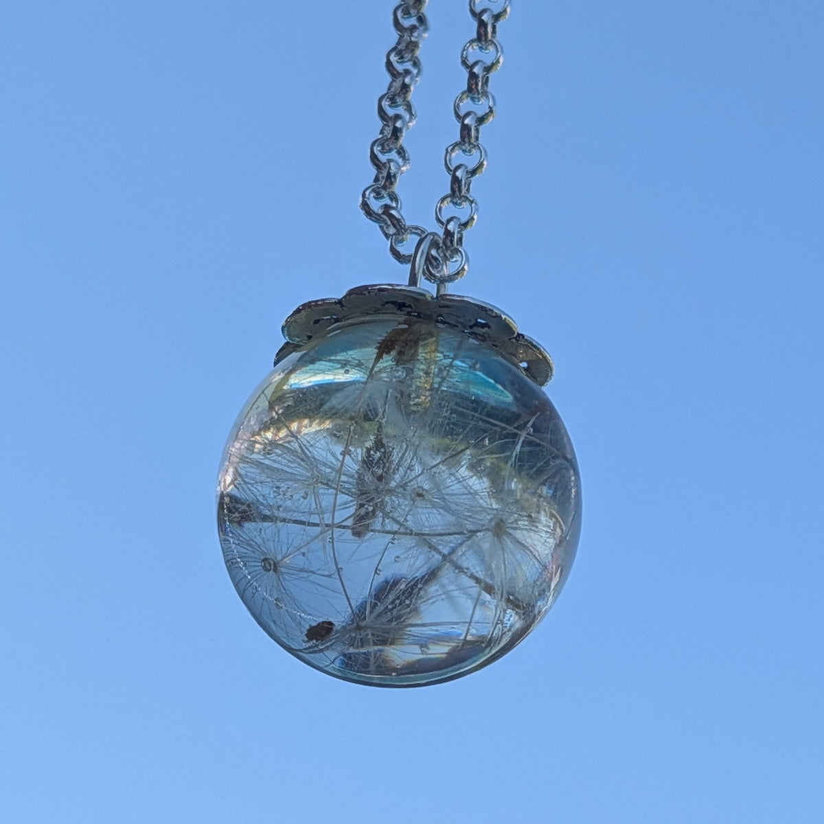 Handmade dandelion wish sphere necklace with flower cap by EL-Creations