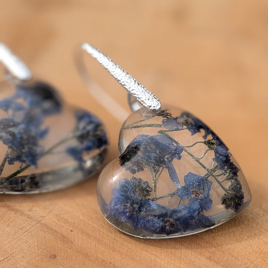 Real forget-me-not heart resin drop earrings with sterling silver hooks by EL-Creations