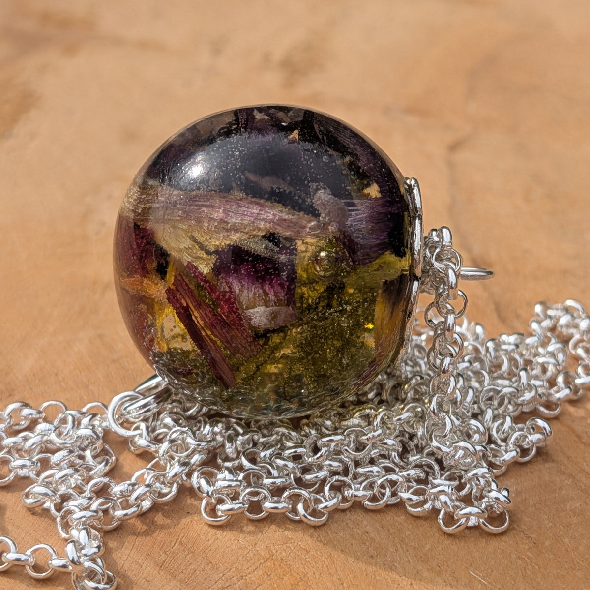 Real moss and tulip petals resin sphere necklace on sterling silver chain by EL-Creations