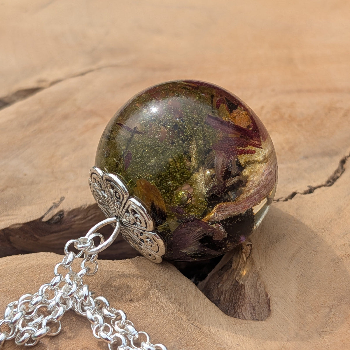 Botanical moss and petal resin globe pendant close-up by EL-Creations