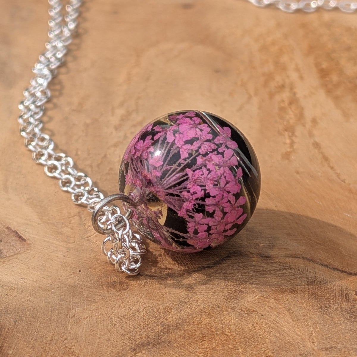 Nature inspired pink blossom resin globe necklace on silver chain by EL-Creations